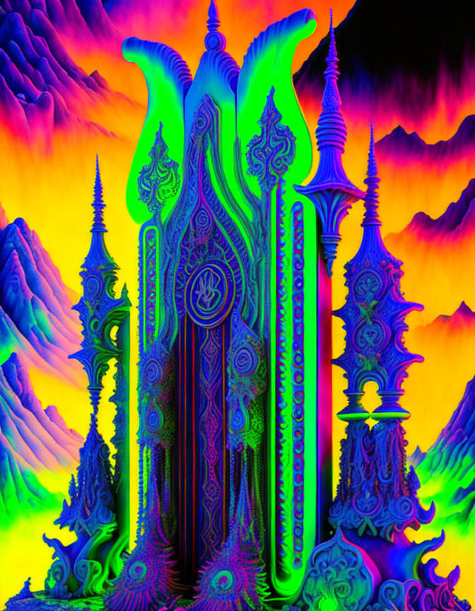 Colorful Psychedelic Digital Artwork: Intricate Patterns of Fantastical Architecture and Neon Mountains