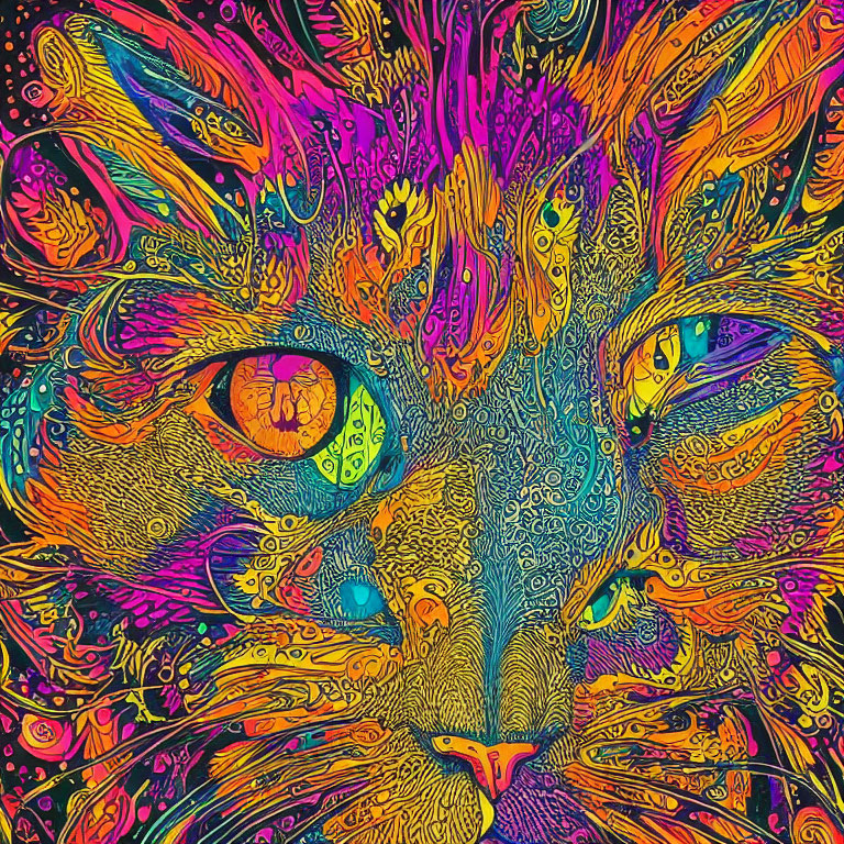 Colorful Psychedelic Cat Face Artwork with Swirling Patterns and Intense Eyes