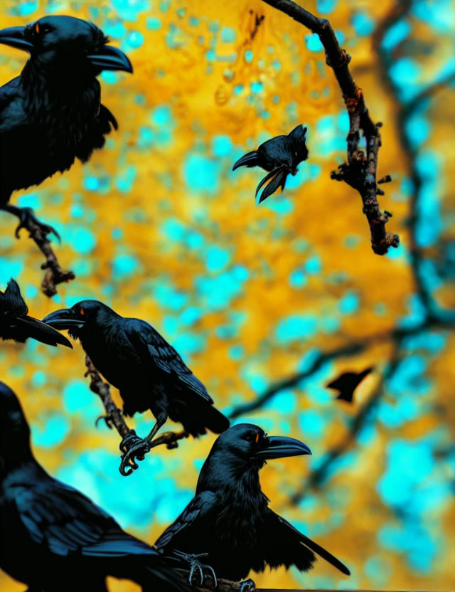 Ravens perched and in flight on vibrant background.