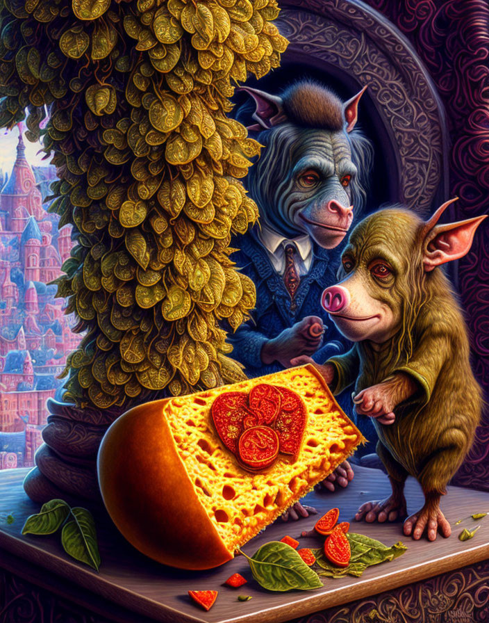 Anthropomorphic baboons with cheese loaf, golden tree, patterns, and fairytale castle.