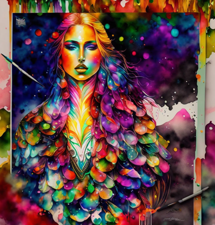 Colorful Artwork of Woman with Multicolored Hair and Cosmic Background