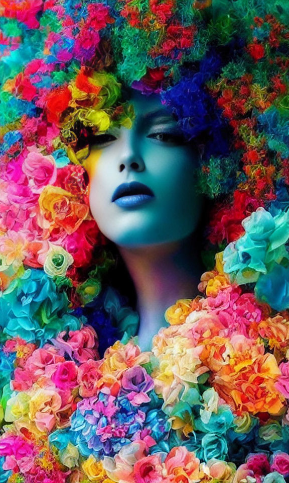 Blue-skinned person blending into colorful flowers in mysterious setting.