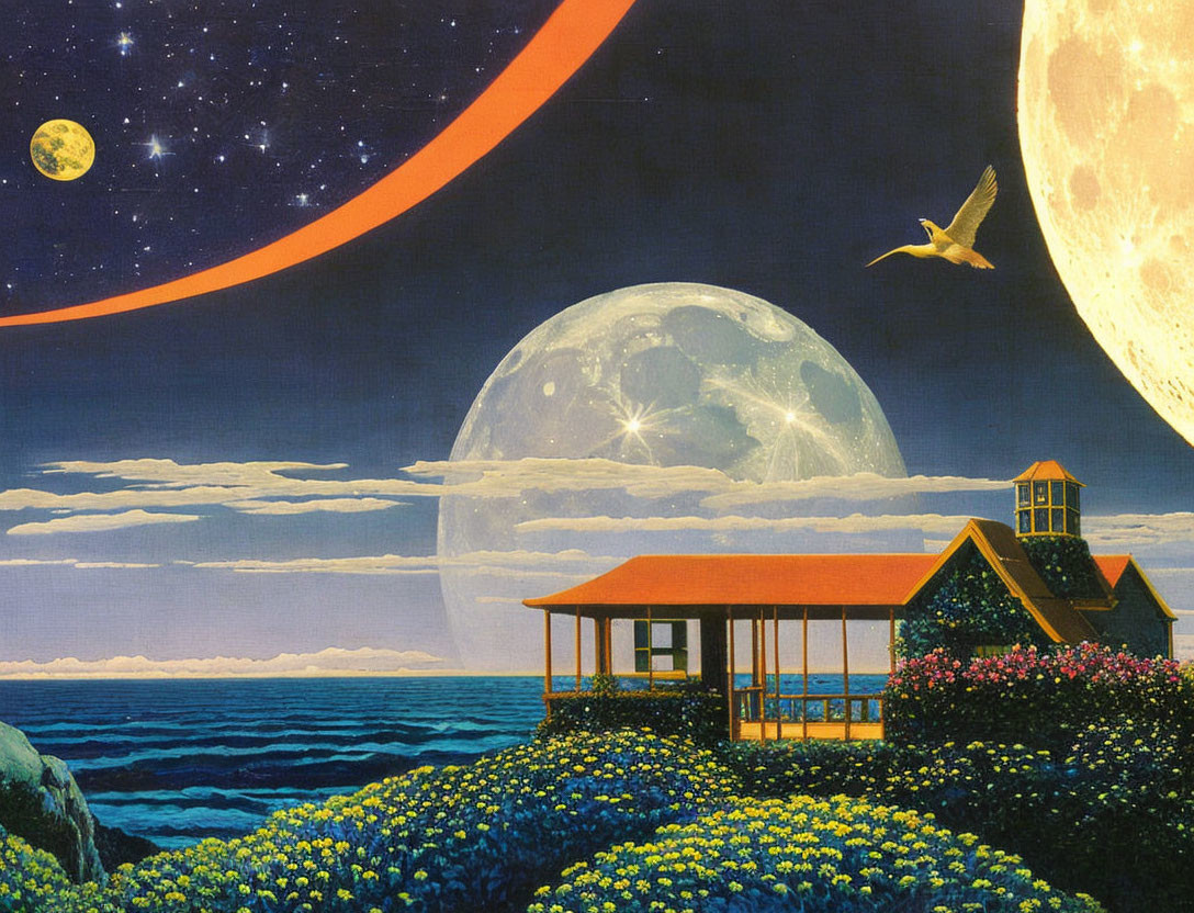 Surreal landscape with ocean, house, flowers, celestial bodies, and bird