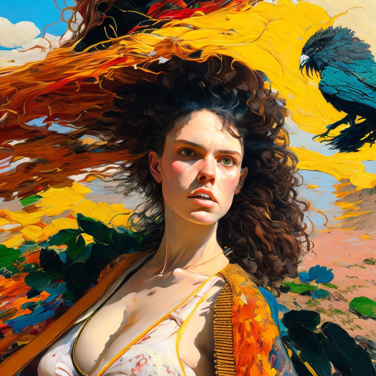 Colorful painting of woman with flowing hair and parrot in vibrant sky