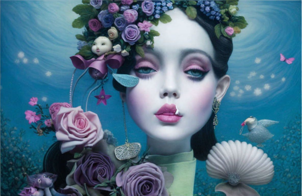 Surreal portrait of a woman with closed eyes in underwater setting