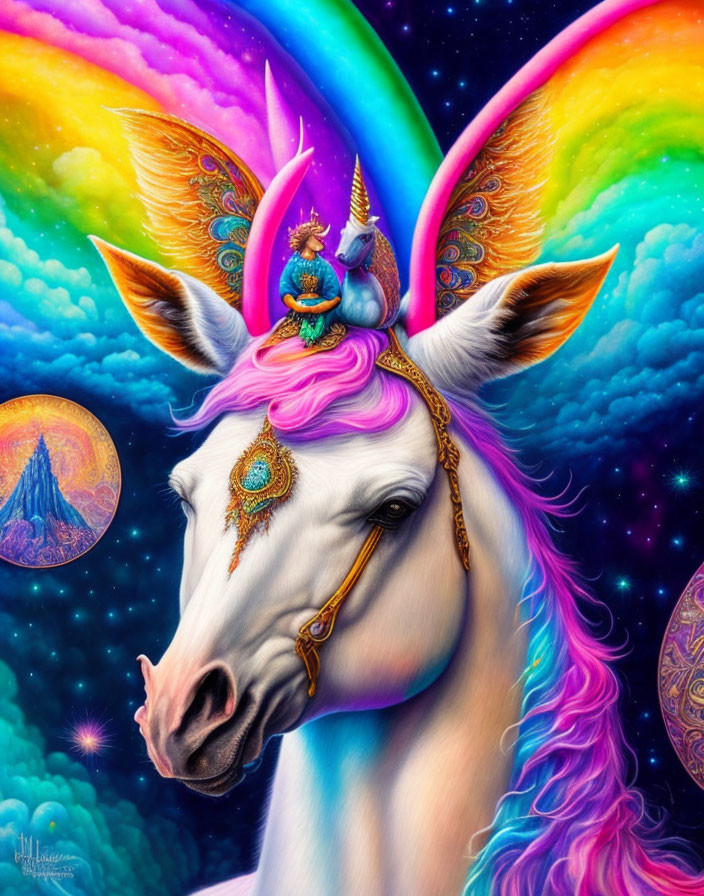 Colorful Unicorn Illustration with Rainbow Mane and Cosmic Background