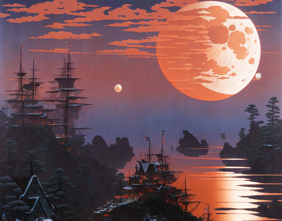 Traditional Japanese landscape with ships, pine trees, and oversized moon at sunset