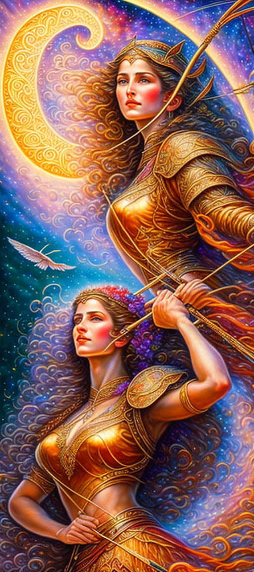 Stylized ethereal women in golden armor with celestial background.