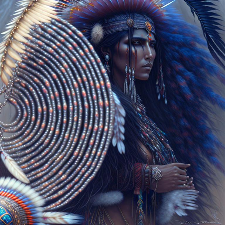 Person in Indigenous Attire with Feathered Headdress and Blue Hues