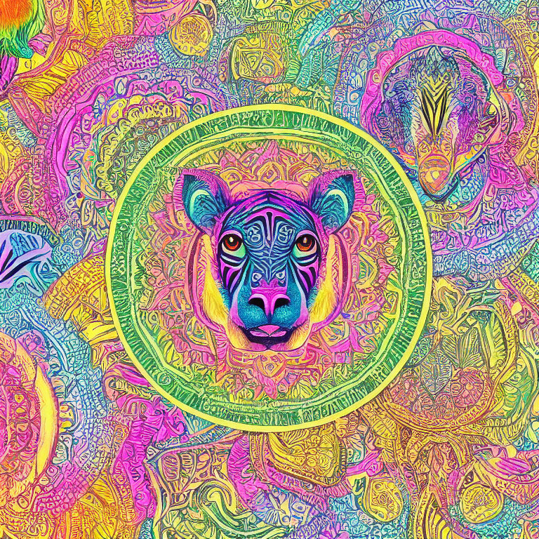 Colorful Psychedelic Tiger Face Illustration with Swirling Patterns