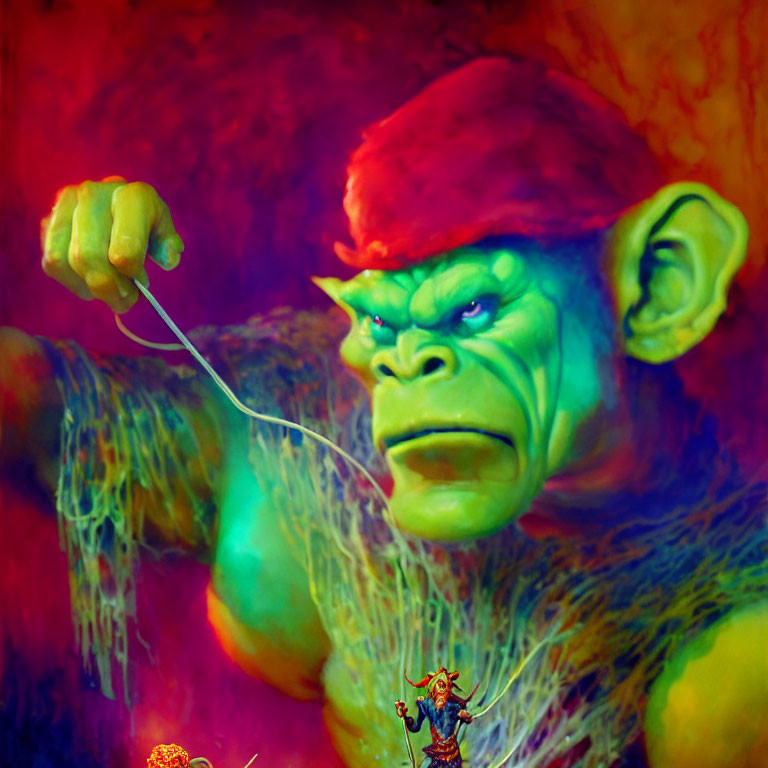 Colorful artwork featuring large green ape in red hat with smaller figure riding on arm.