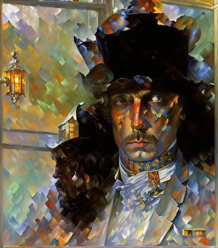 Stylized painting of man with stern expression and top hat, set against cubist background