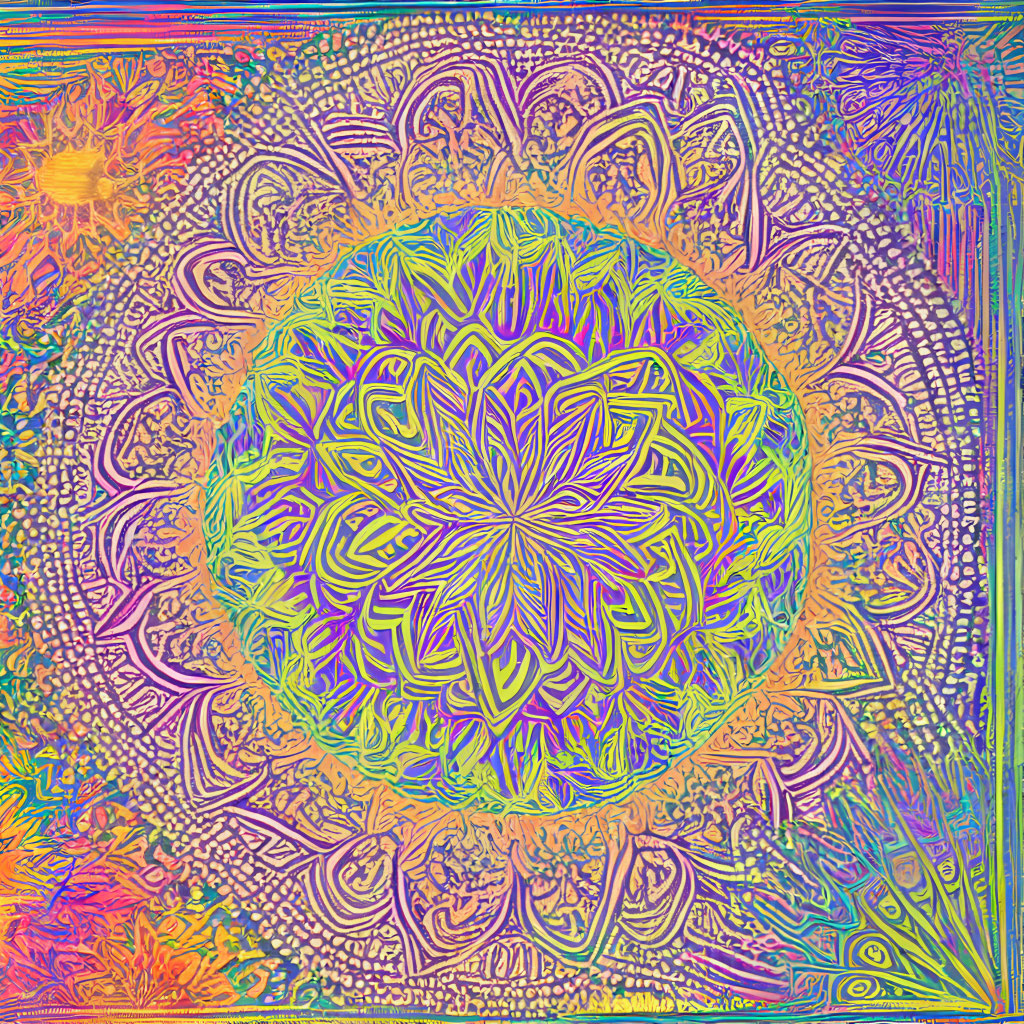 Colorful psychedelic mandala with intricate floral patterns and sun motif