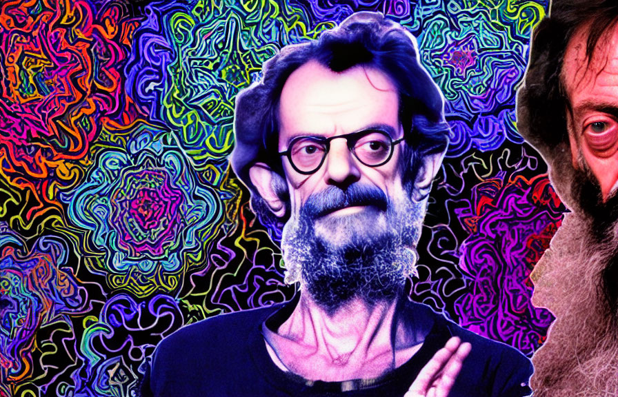 Bearded man in glasses on vibrant psychedelic background