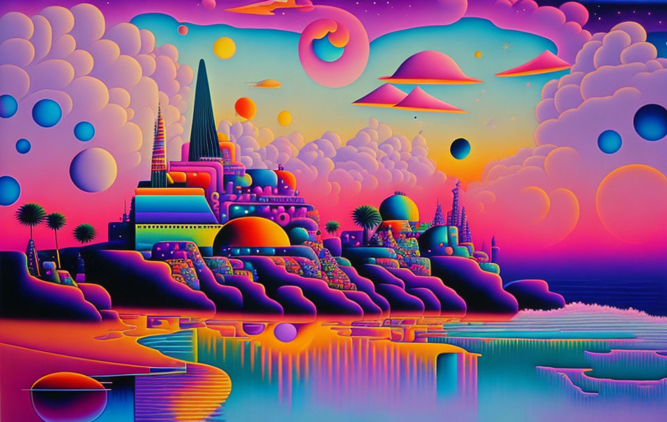 Colorful surreal landscape with futuristic structures and UFOs in a stylized sky