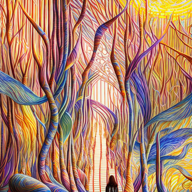 Vibrant intertwined lines in surreal forest with solitary silhouette.