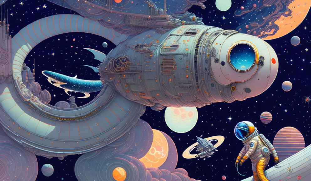 Astronaut near whimsical spaceship in colorful outer space