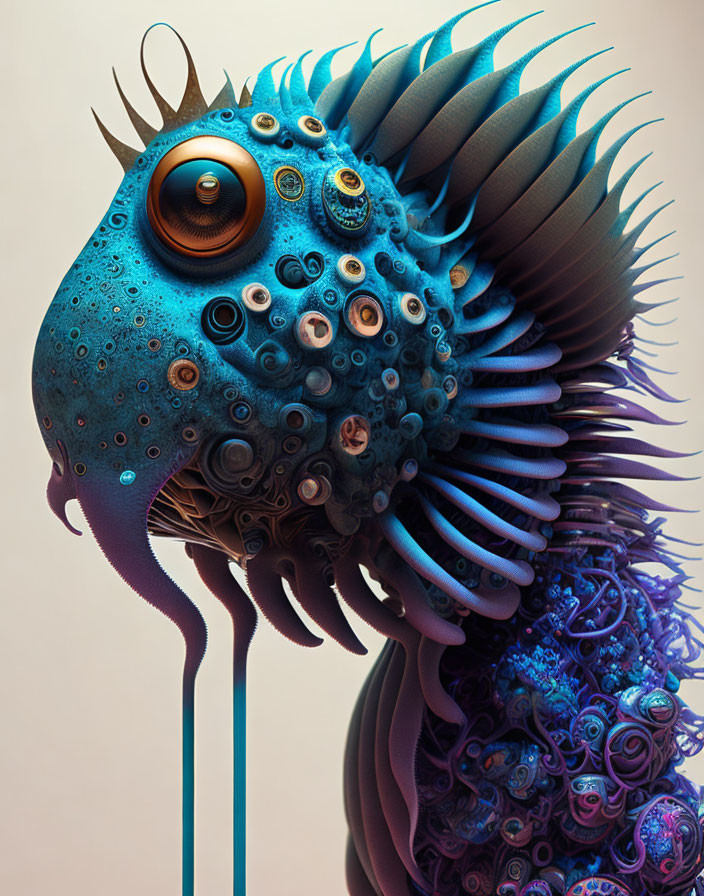 Blue textured fantastical creature with large eye and ornate crest