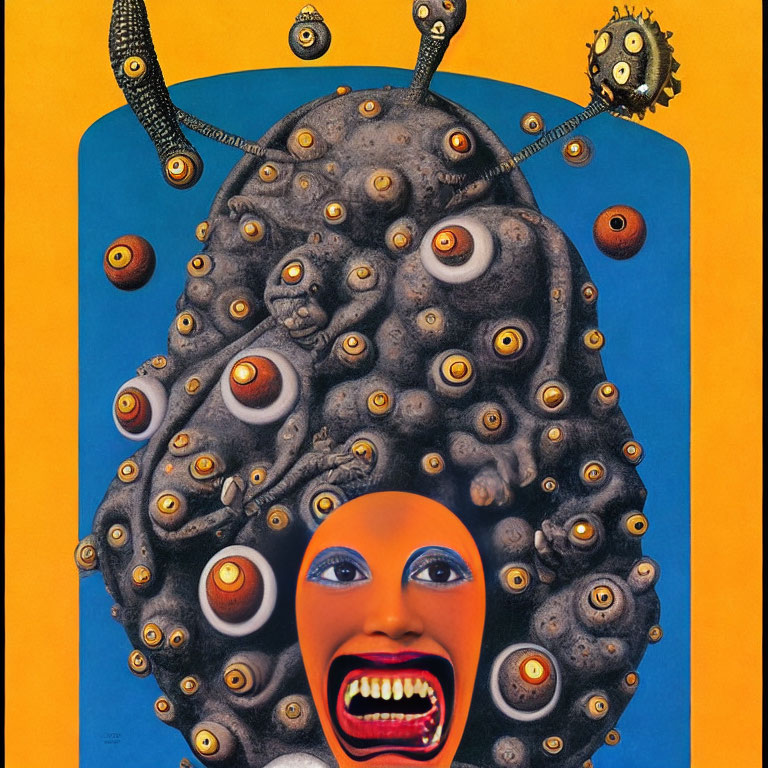 Surreal Artwork: Creature with Multiple Eyes and Faces on Yellow Background