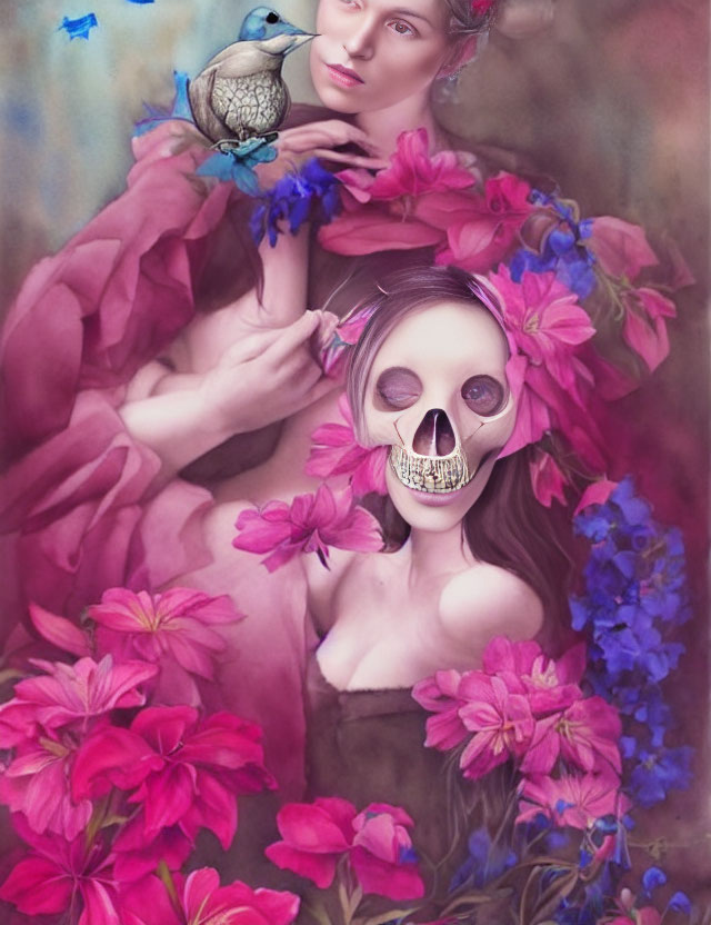 Skull-faced figure with vibrant flowers and bird in surreal portrait