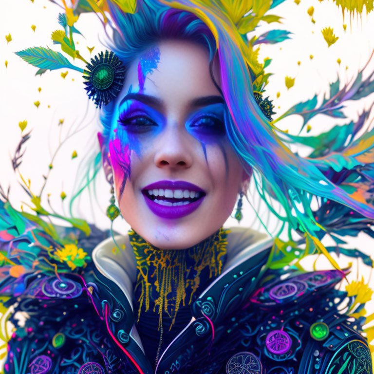 Colorful digital portrait of woman with blue hair and feathers, exuding joy