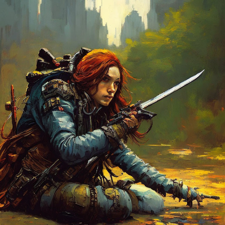 Red-haired woman in blue armor with drawn sword in dimly lit forest clearing