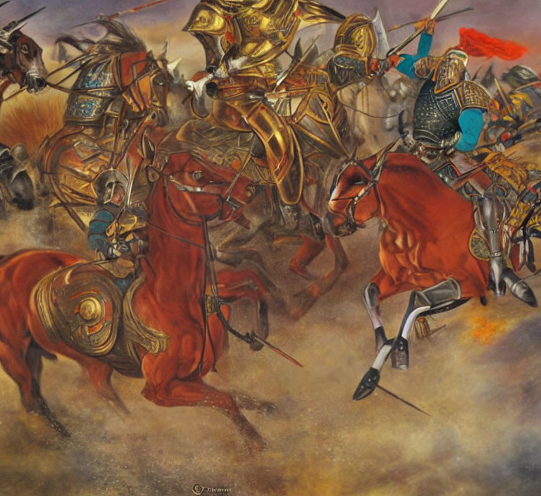 Medieval cavalry battle oil painting with armored knights and tumultuous sky