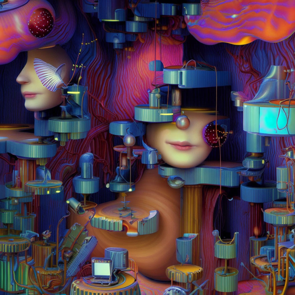 Colorful Surreal Digital Artwork: Abstract Human Faces Interconnected by Mechanical Structures in Vibrant Background