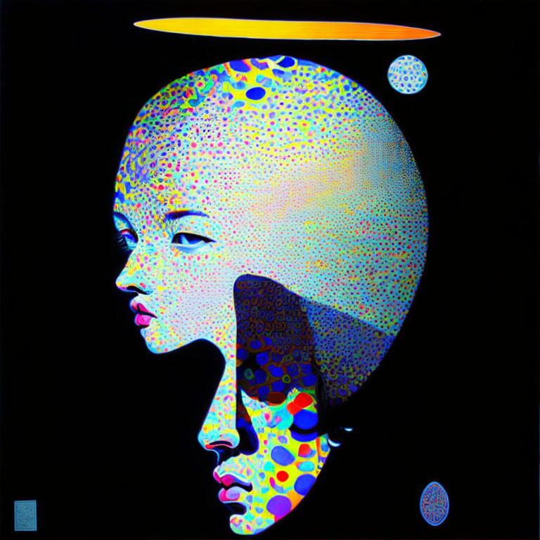 Dual profile faces with cosmic theme and vibrant colors on black background