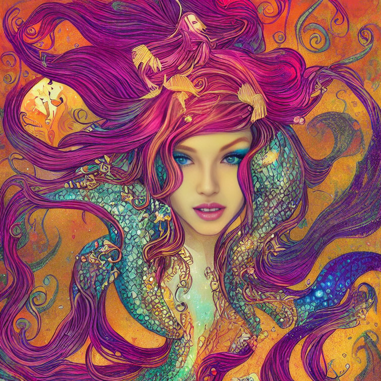 Colorful woman with pink hair and scales in psychedelic setting