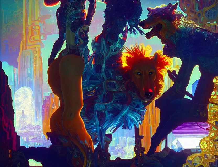 Colorful Abstract Artwork with Mechanical Elements, Human Figure, and Dogs in Futuristic Setting