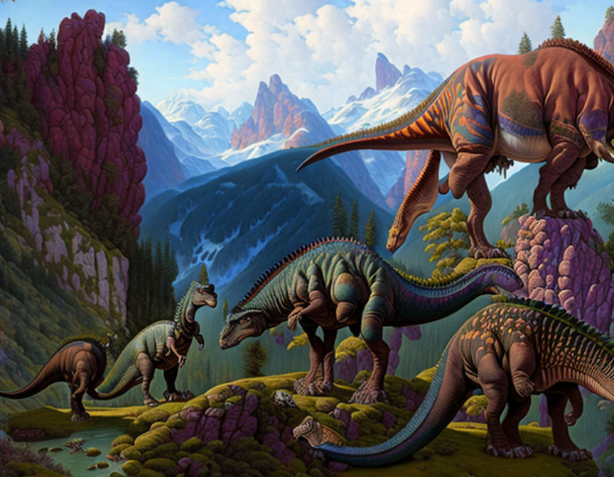 Diverse dinosaurs in lush prehistoric valley