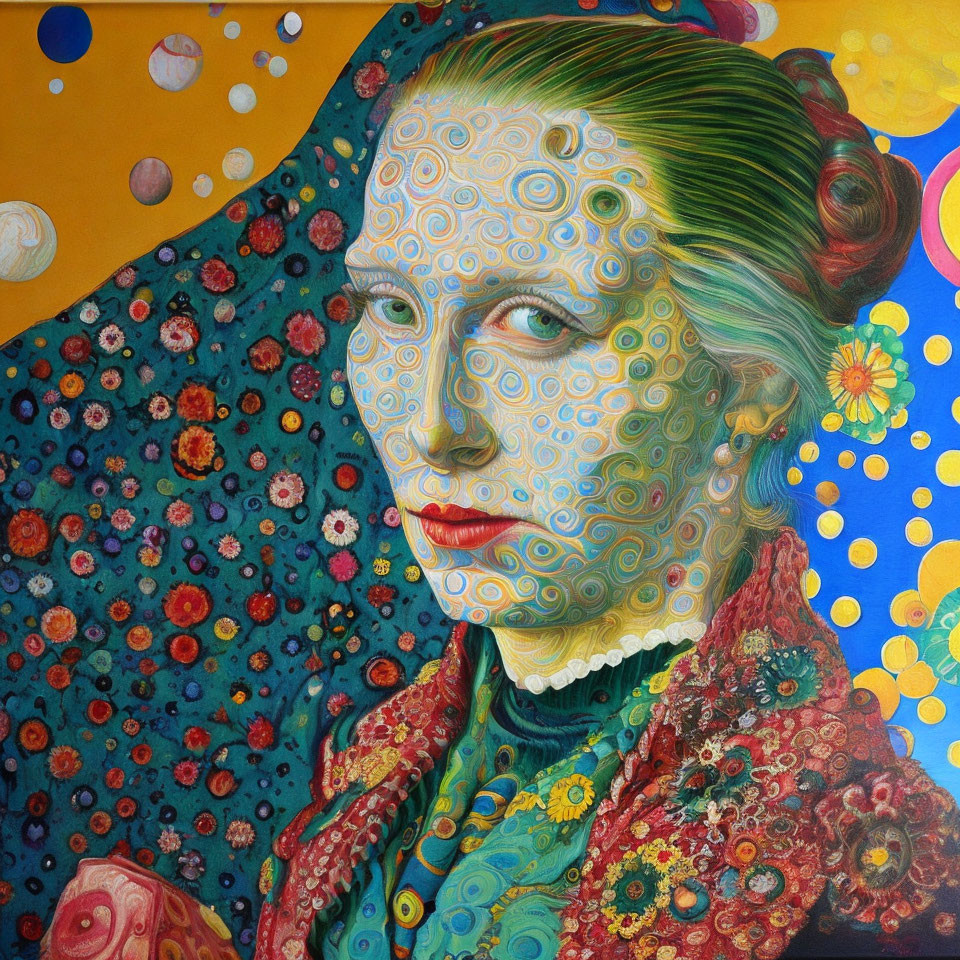 Colorful portrait of a woman with patterned skin and floral motifs on blue and yellow backdrop