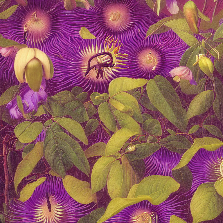 Detailed illustration of vibrant purple passion flowers on textured background