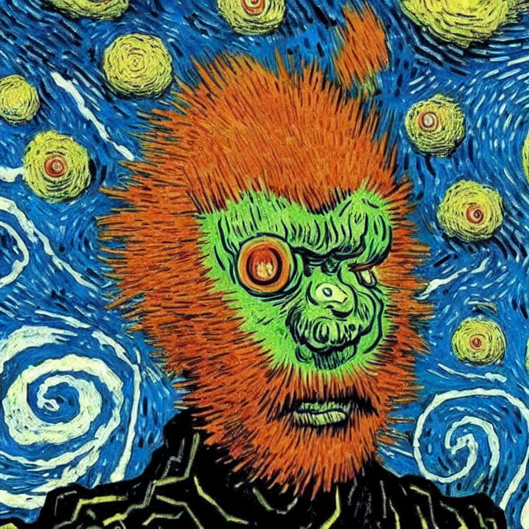 Stylized image of green-skinned creature on starry van Gogh-esque background