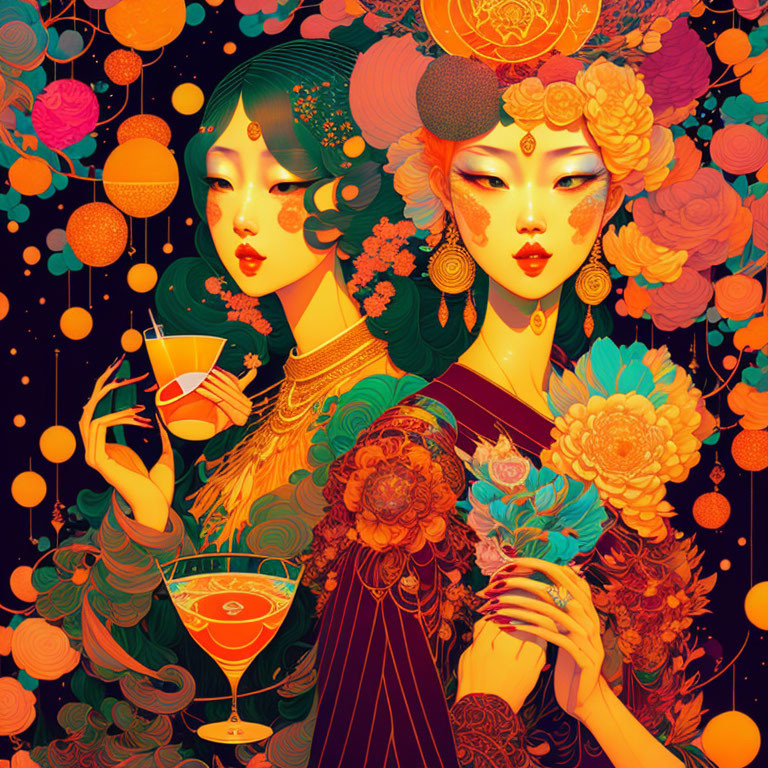 Stylized women with East Asian features in ornate attire amidst vibrant orange flowers on a dark star