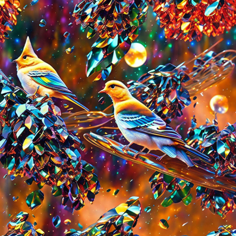 Colorful digital art: Two stylized birds on branches with crystal-like texture on deep, sparkling backdrop