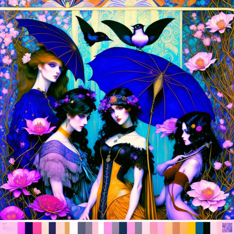 Victorian-era fashion and gothic elements in vibrant artwork