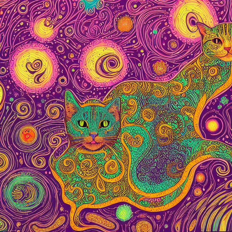 Colorful Abstract Artwork with Stylized Cats in Swirling Patterns