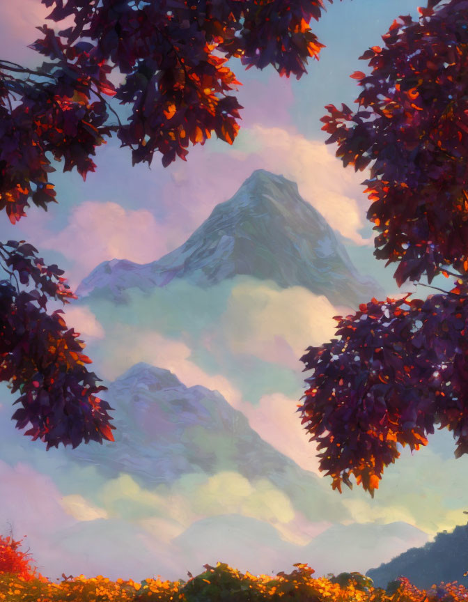 Mountain Peak Sunset Painting with Dark Foliage and Red Leaves