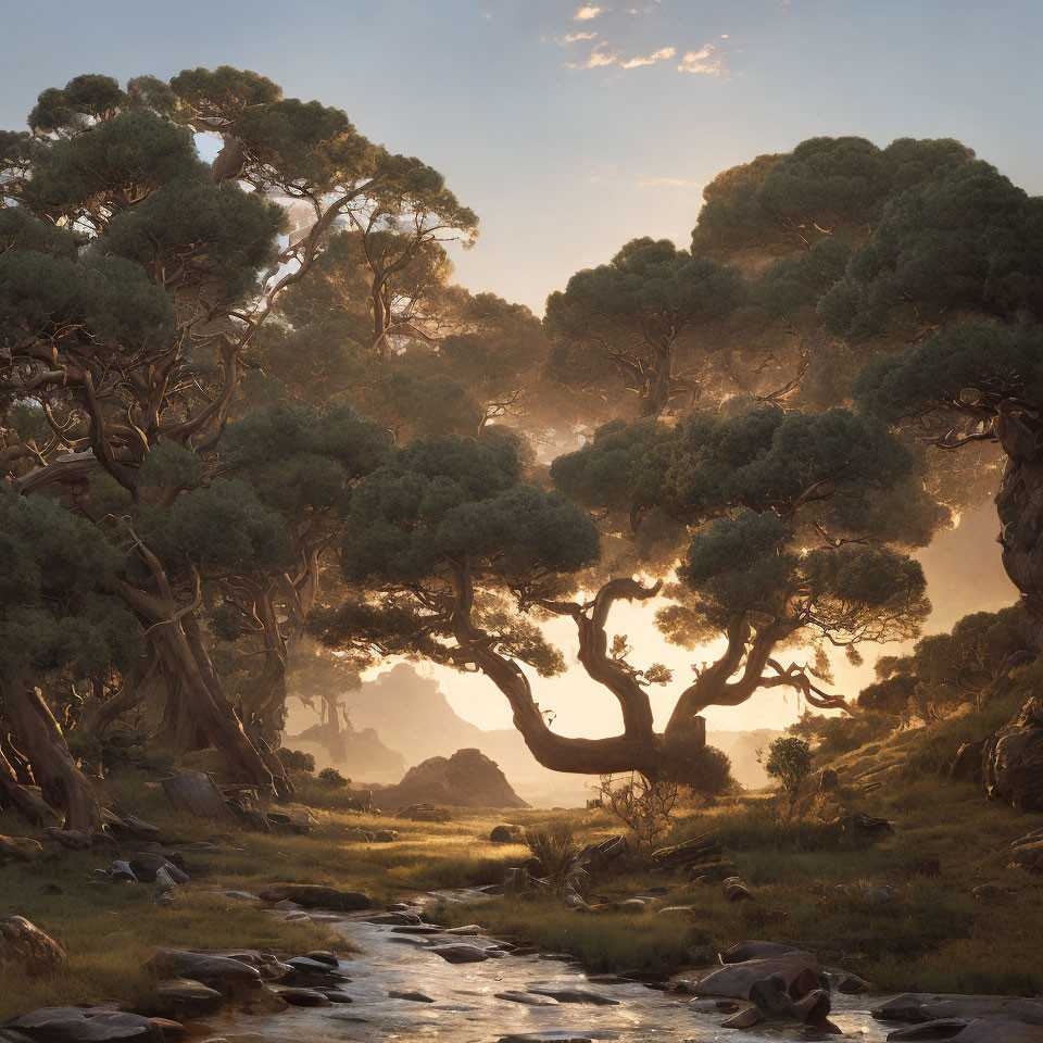 Tranquil Sunrise Forest Landscape with Twisted Trees and Stream