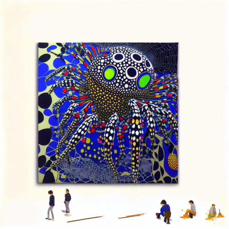 Colorful octopus art with neon patterns and tiny gallery visitors