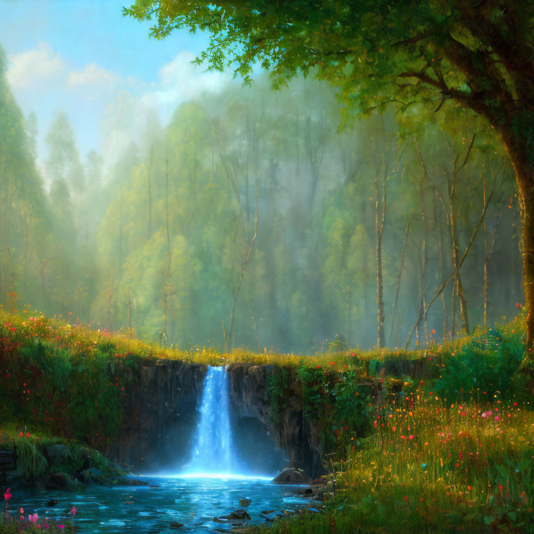 Tranquil waterfall in lush greenery and foggy forest