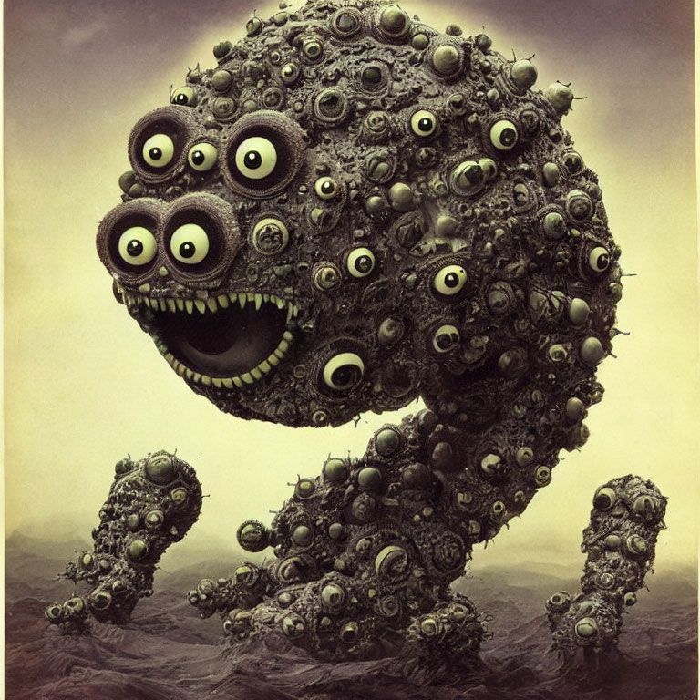 Surreal creature with multiple eyes and mouths in barren landscape