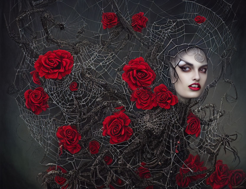 Dark Gothic Makeup Woman's Face with Spiderwebs and Red Roses