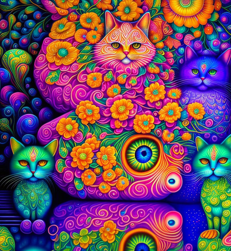 Colorful Psychedelic Cat Art with Floral Patterns and Luminous Background