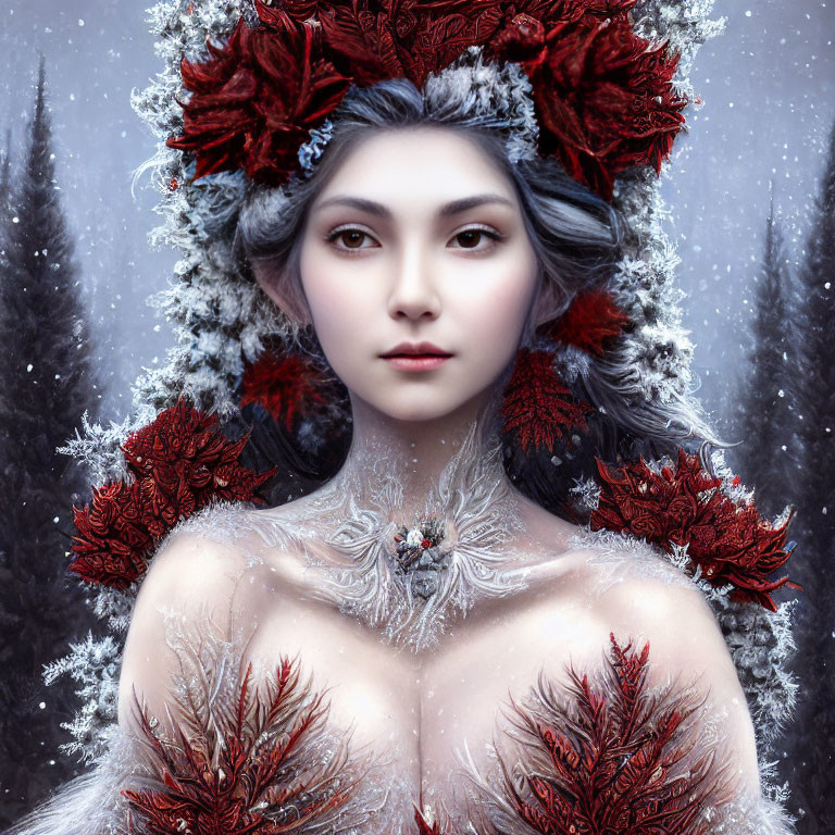 Portrait of woman with red floral headpiece and white hair in snowy winter scene