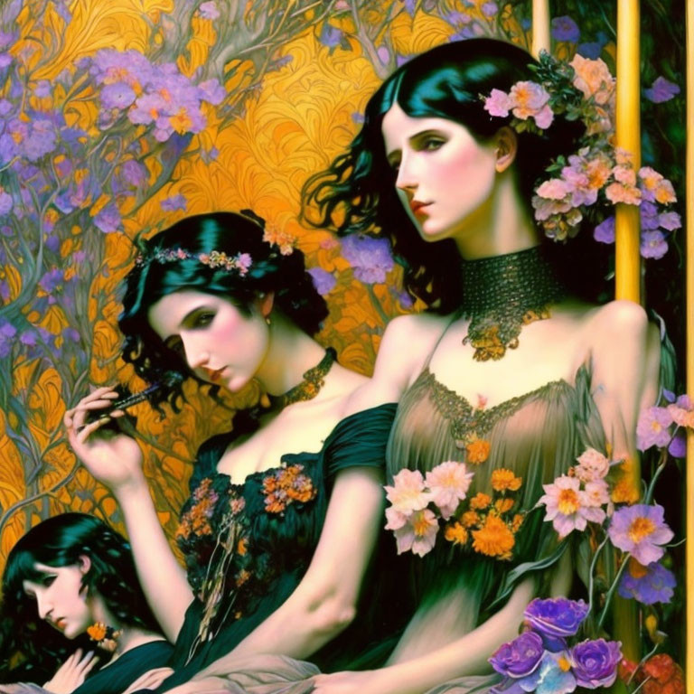 Dark-haired women in floral-adorned gowns amidst vibrant floral backdrop.