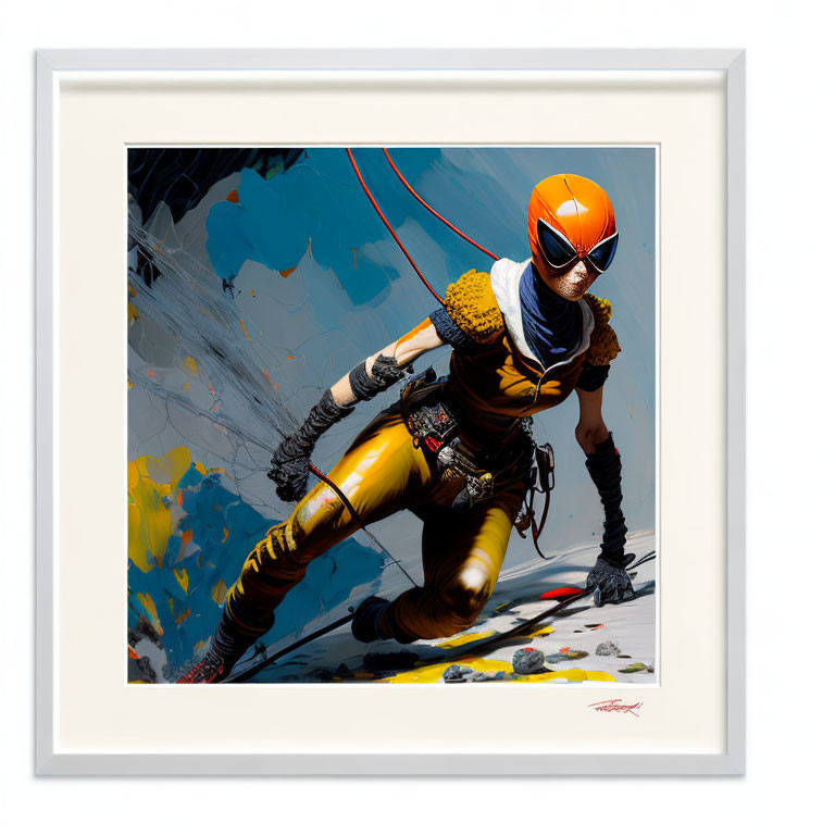 Person in Yellow Suit and Orange Helmet Climbing Ropes on Abstract Blue Background