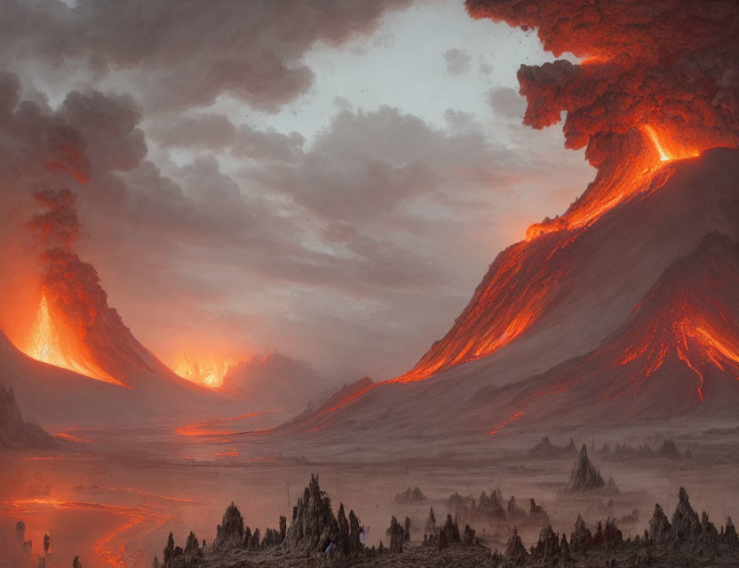 Volcanic eruption creates apocalyptic landscape with fiery sky